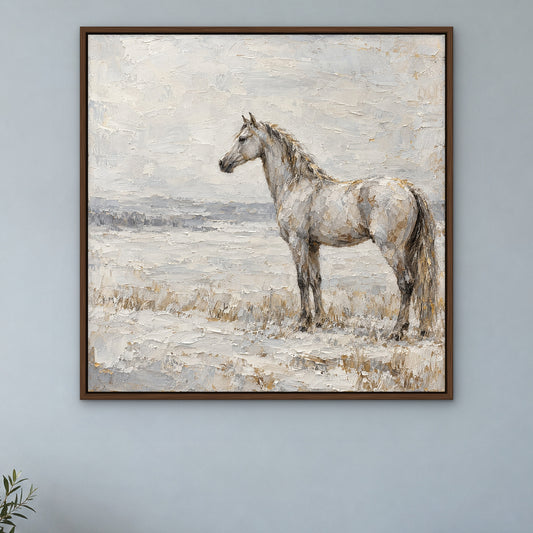 Silver Mare, brown animal hand-painted canvas wall art in a bedroom – Gallery 23