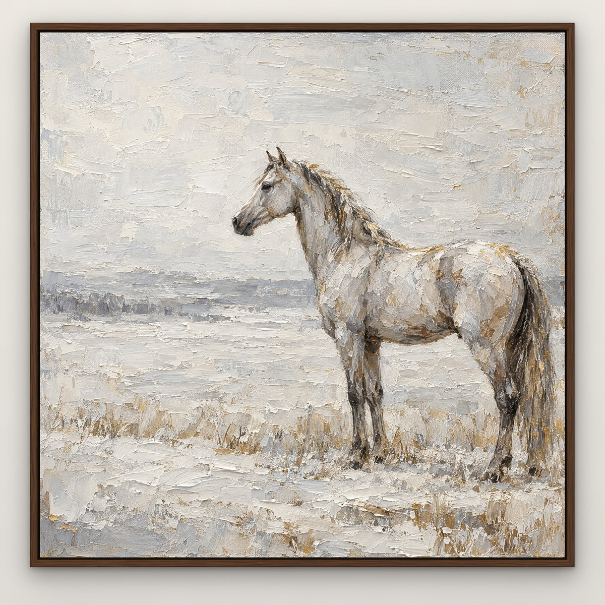 Silver Mare, brown animal hand-painted canvas wall art in a slim walnut float frame – Gallery 23