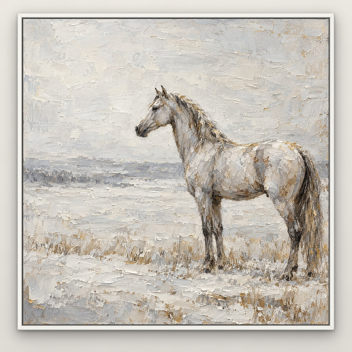 Silver Mare, brown animal hand-painted canvas wall art in a slim white float frame – Gallery 23