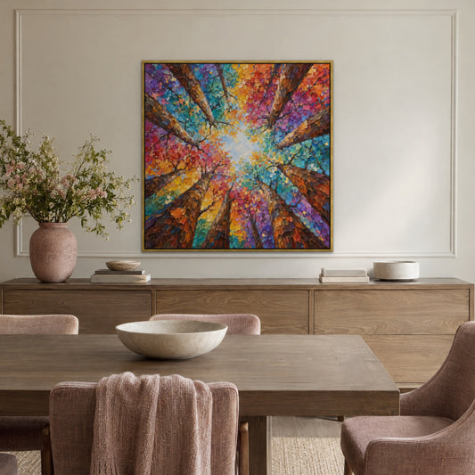 Rainbow Woodland, colourful landscape hand-painted canvas wall art in a dining room – Gallery 23