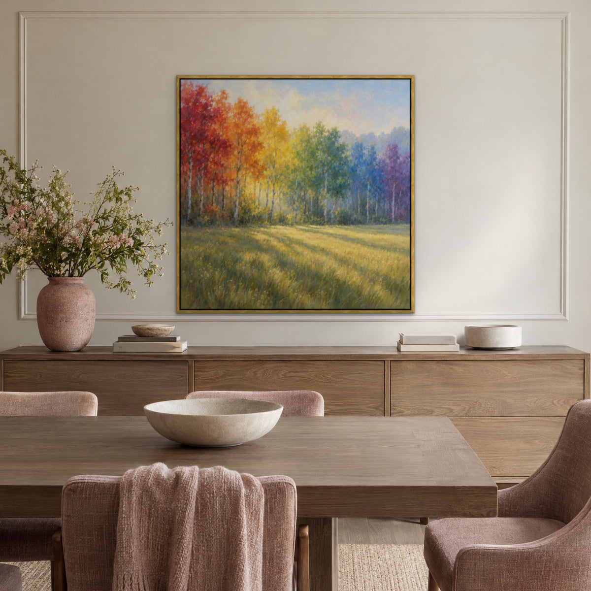 Rainbow Forest Edge, colourful landscape hand-painted canvas wall art in a dining room – Gallery 23