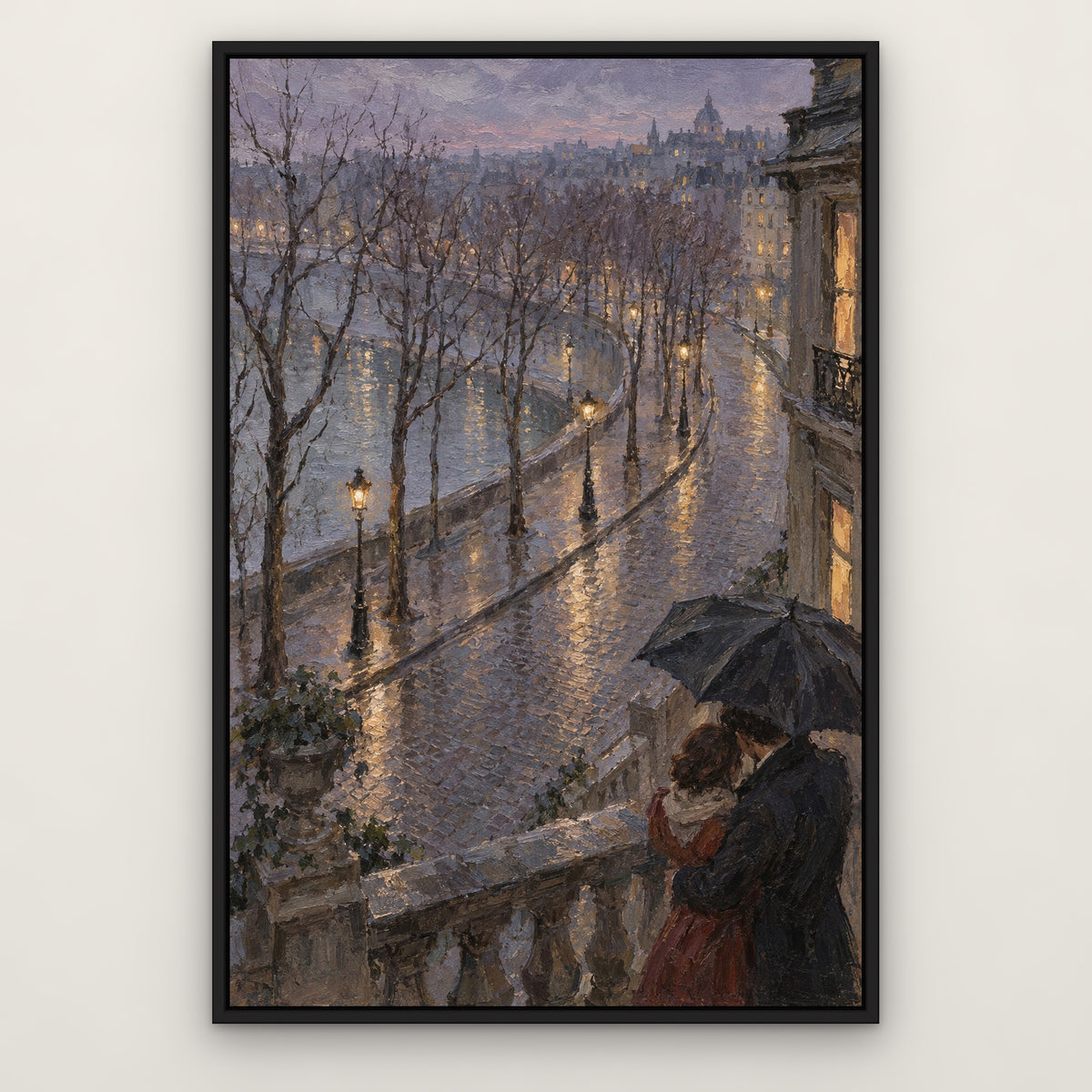 Rainlit Avenue Embrace, colourful figurative hand-painted canvas wall art in a slim black float frame – Gallery 23