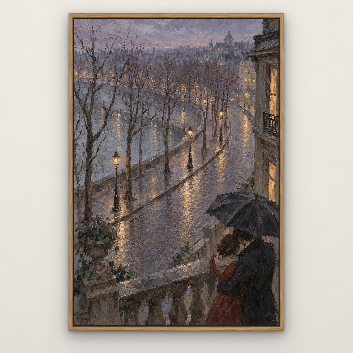 Rainlit Avenue Embrace, colourful figurative hand-painted canvas wall art in a slim oak float frame – Gallery 23