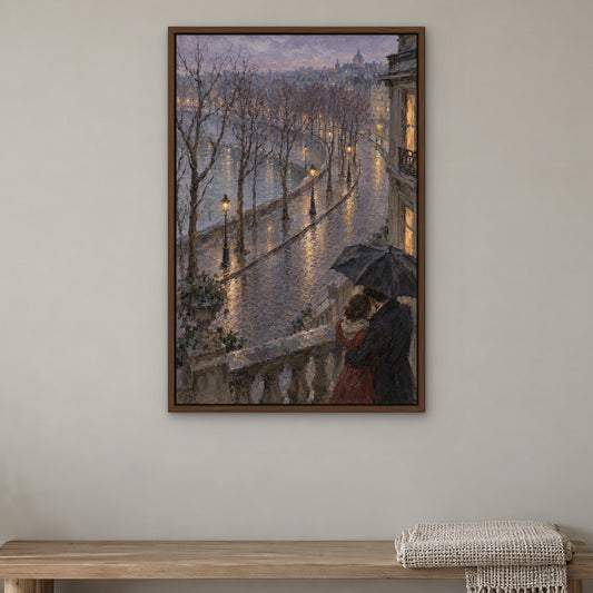 Rainlit Avenue Embrace, colourful figurative hand-painted canvas wall art in a bedroom – Gallery 23