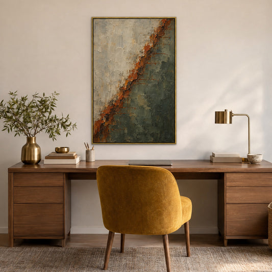 Rust Line Drip, brown abstract hand-painted canvas wall art in a home office – Gallery 23