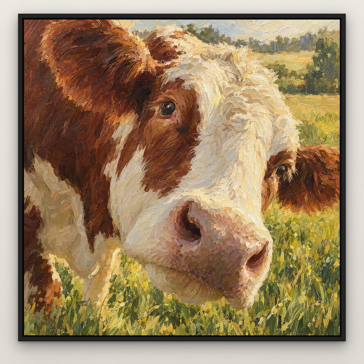Moo Close-Up, black and white animal hand-painted canvas wall art in a slim black float frame – Gallery 23