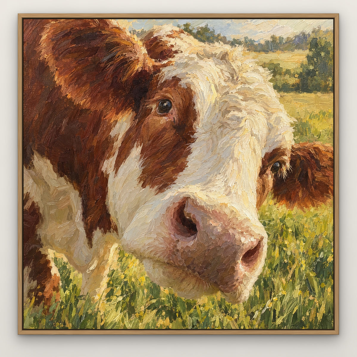 Moo Close-Up, black and white animal hand-painted canvas wall art in a slim oak float frame – Gallery 23