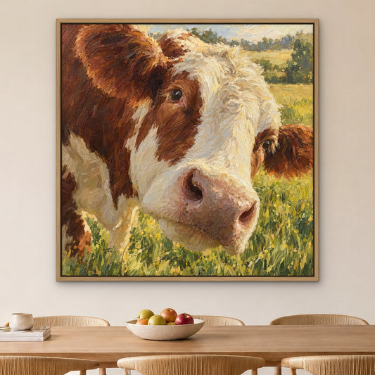 Moo Close-Up, black and white animal hand-painted canvas wall art in a dining room – Gallery 23