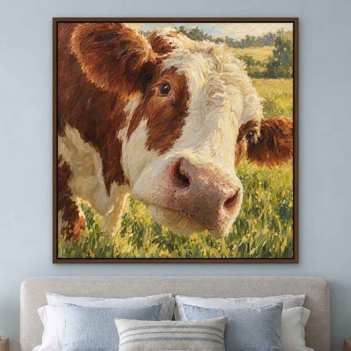Moo Close-Up, black and white animal hand-painted canvas wall art in a bedroom – Gallery 23