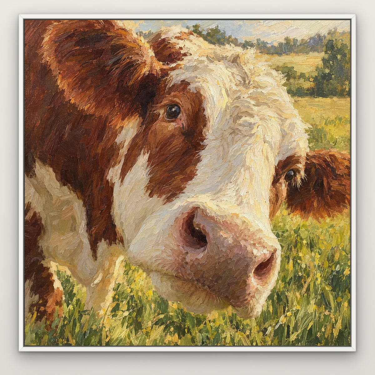 Moo Close-Up, black and white animal hand-painted canvas wall art in a slim white float frame – Gallery 23