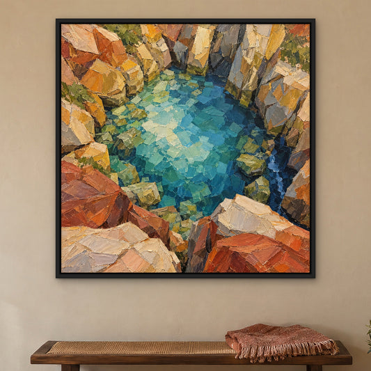 Ochre Cubist Cove, orange abstract hand-painted canvas wall art in a bedroom – Gallery 23