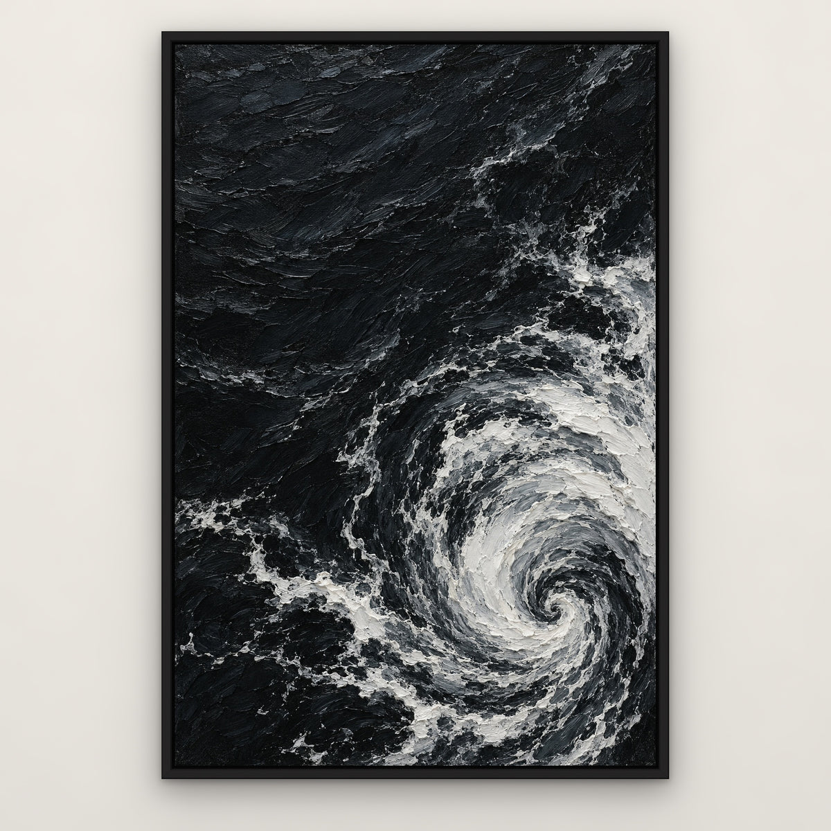 White Foam on Black, black and white seascape hand-painted canvas wall art in a slim black float frame – Gallery 23