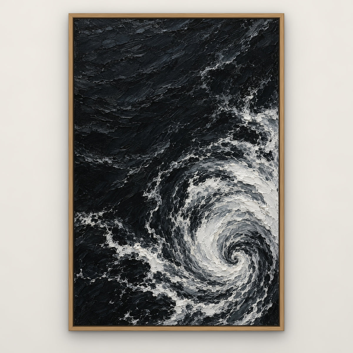 White Foam on Black, black and white seascape hand-painted canvas wall art in a slim oak float frame – Gallery 23