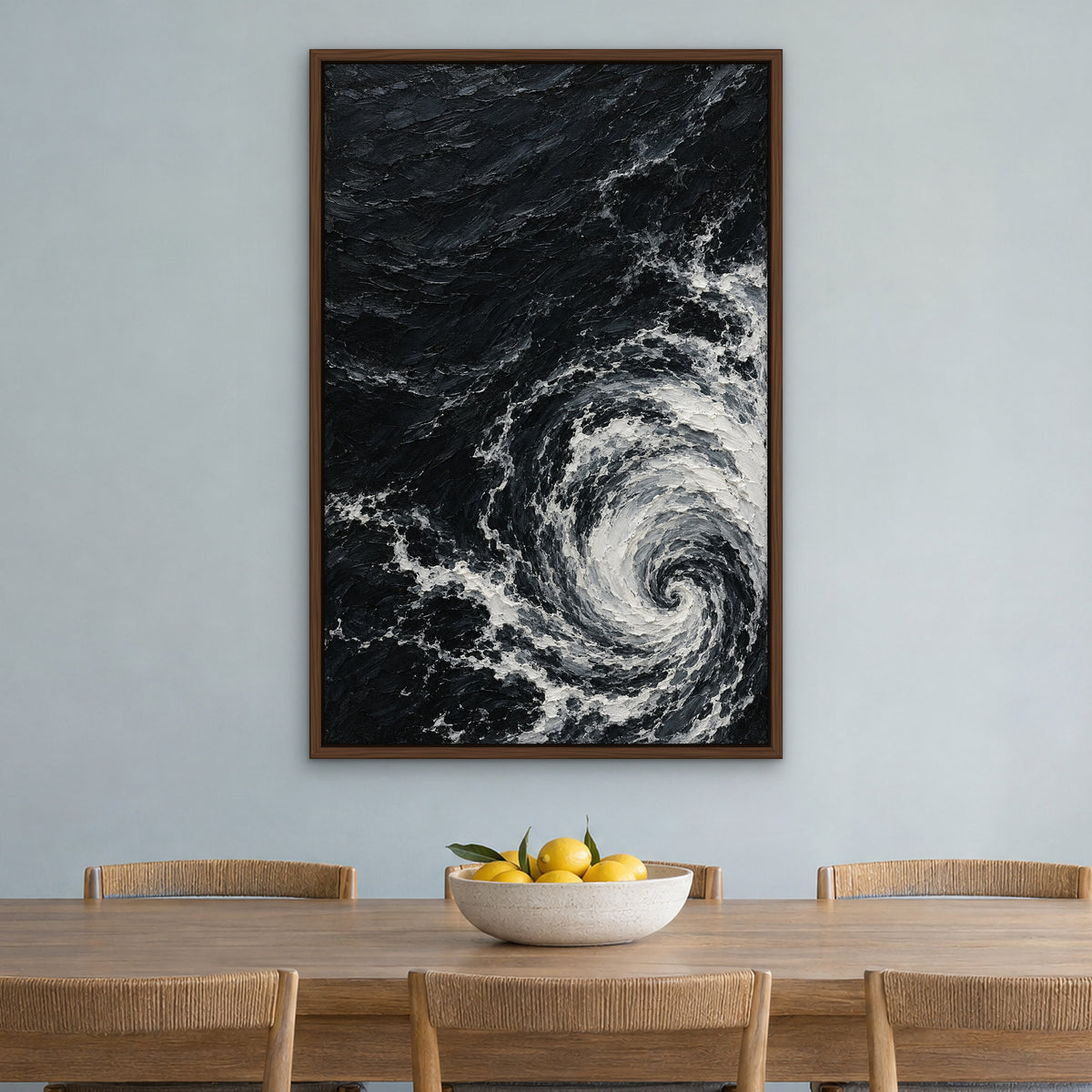 White Foam on Black, black and white seascape hand-painted canvas wall art in a dining room – Gallery 23