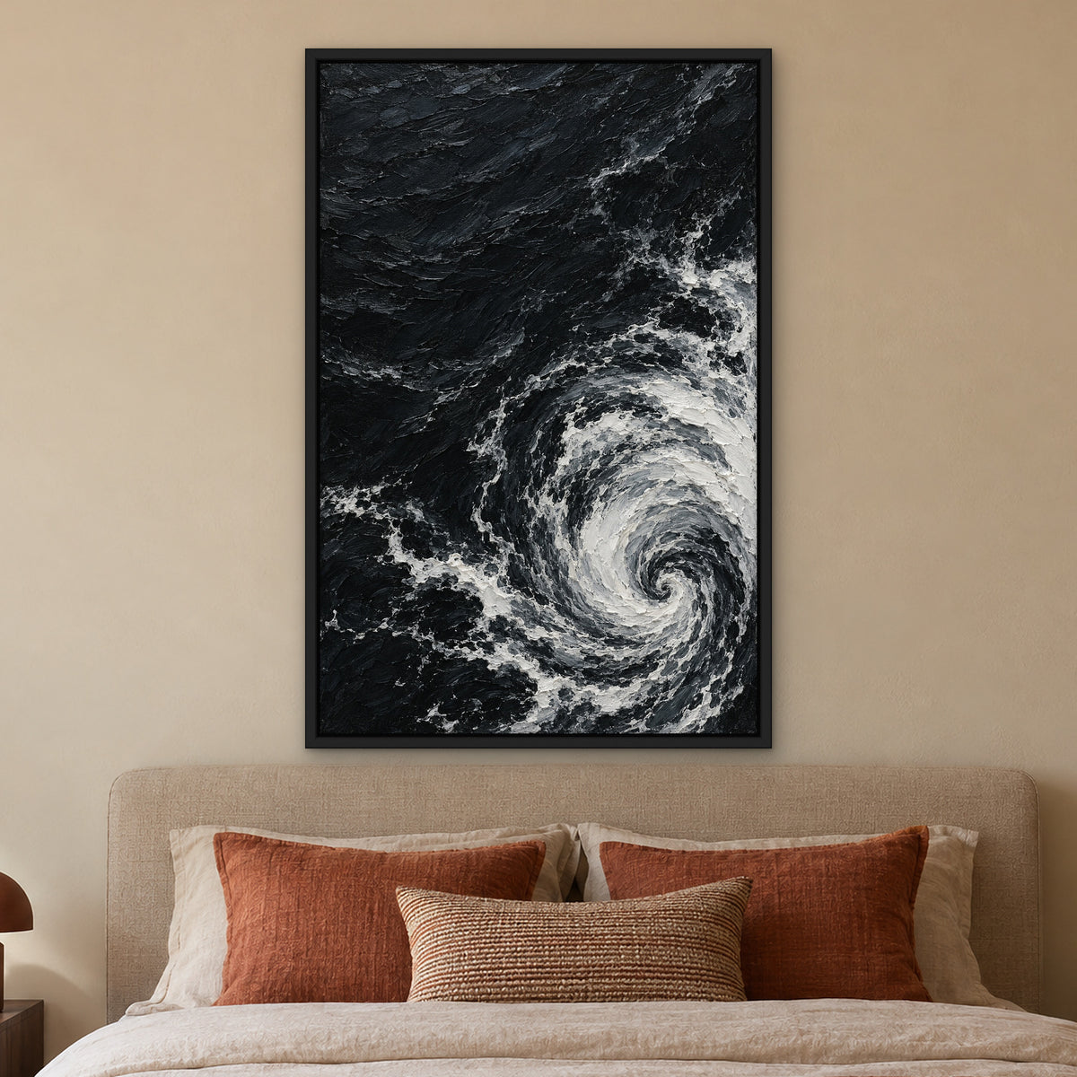 White Foam on Black, black and white seascape hand-painted canvas wall art in a bedroom – Gallery 23
