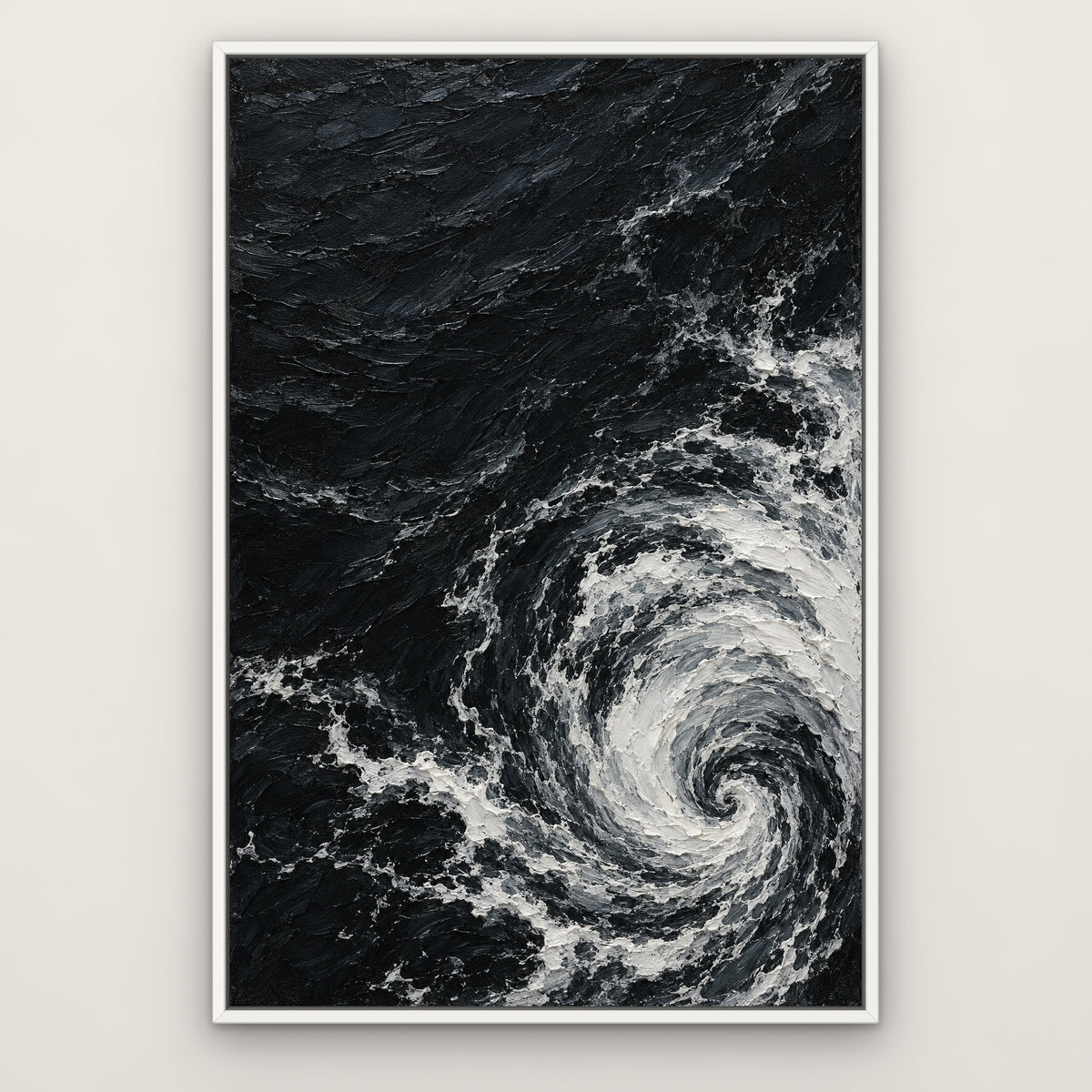 White Foam on Black, black and white seascape hand-painted canvas wall art in a slim white float frame – Gallery 23