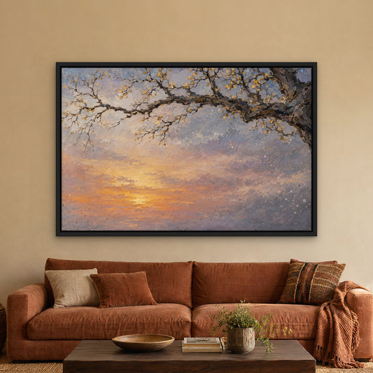 Twilight Branches, brown abstract hand-painted canvas wall art in a living room – Gallery 23