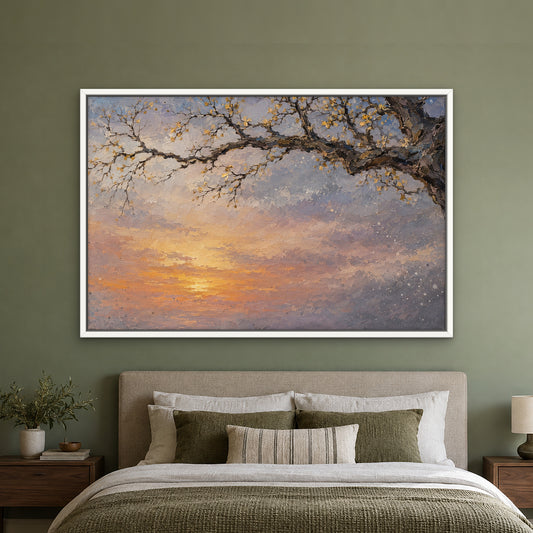 Twilight Branches, brown abstract hand-painted canvas wall art in a bedroom – Gallery 23
