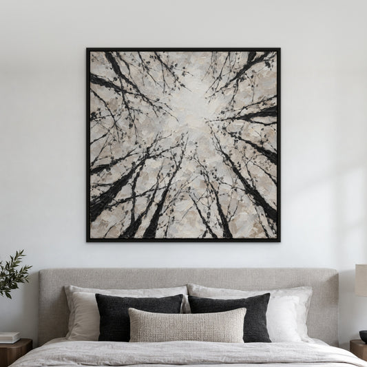 Black Branch Strokes, black and white abstract hand-painted canvas wall art in a bedroom – Gallery 23
