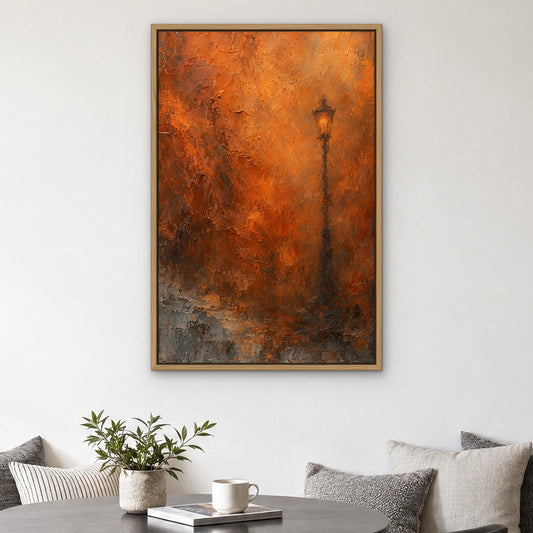 Copper Fog, orange abstract hand-painted canvas wall art in a kitchen nook – Gallery 23