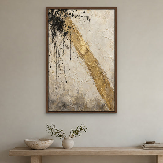 Gold Bar and Ink, black and white abstract hand-painted canvas wall art in a hallway – Gallery 23