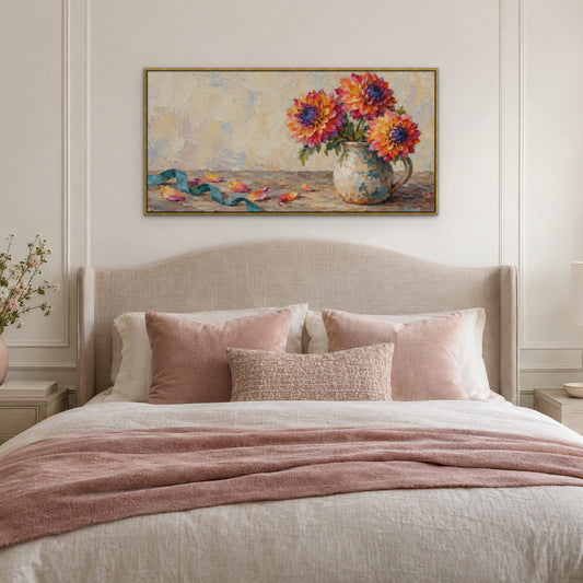 Rainbow Dahlia, colourful floral hand-painted canvas wall art in a bedroom – Gallery 23