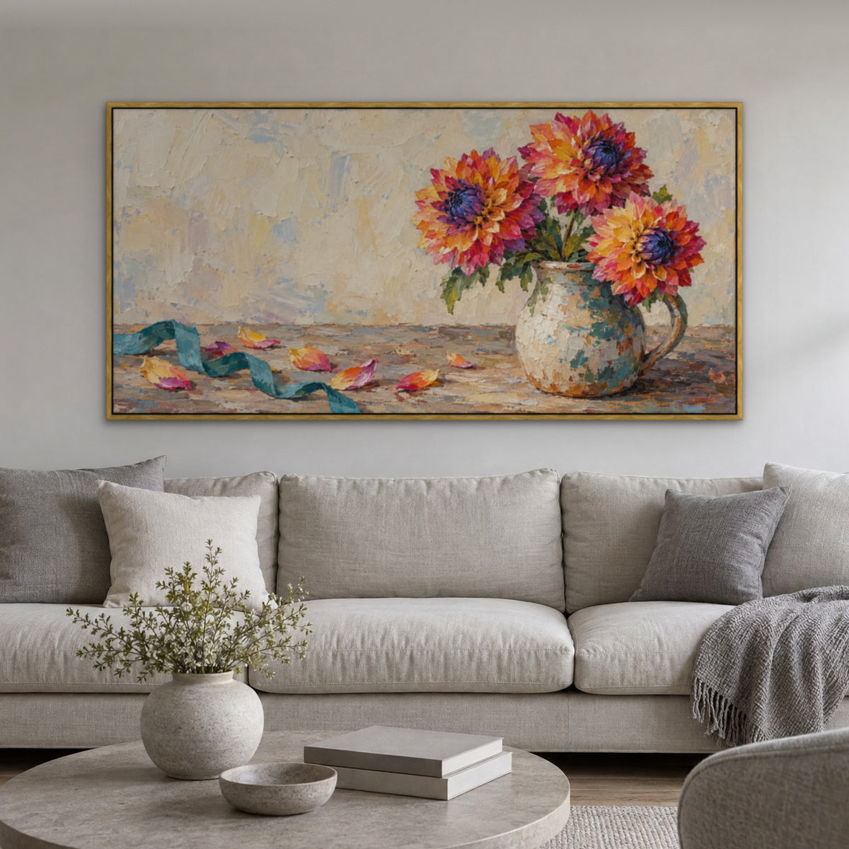 Rainbow Dahlia, colourful floral hand-painted canvas wall art in a living room – Gallery 23
