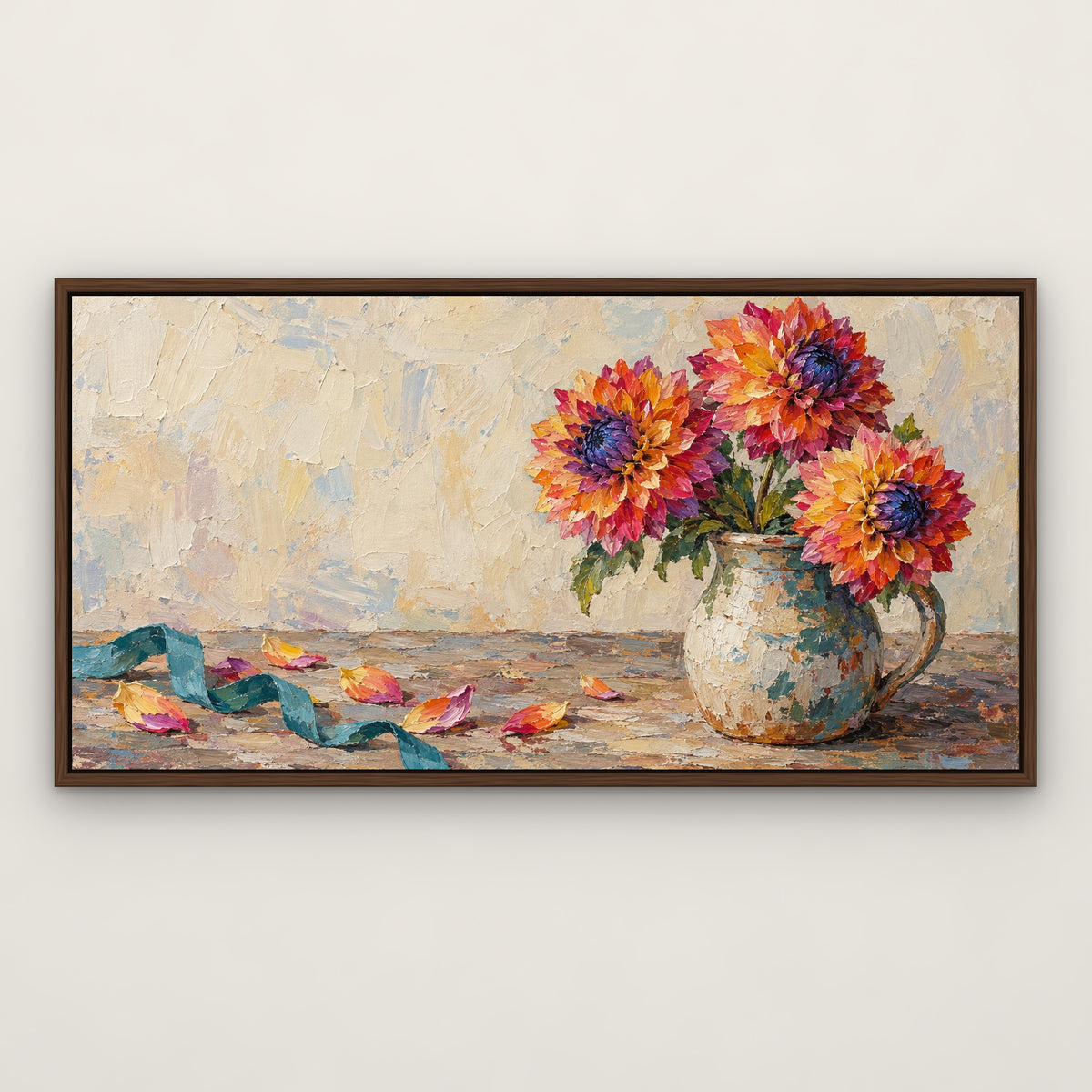 Rainbow Dahlia, colourful floral hand-painted canvas wall art in a slim walnut float frame – Gallery 23