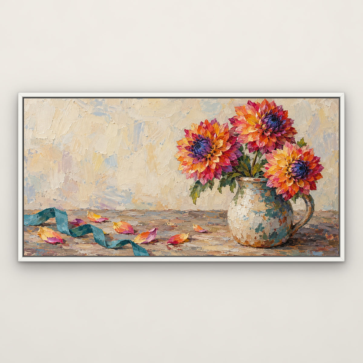 Rainbow Dahlia, colourful floral hand-painted canvas wall art in a slim white float frame – Gallery 23