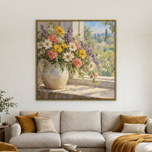 Summer Wildflower Bouquet, colourful floral hand-painted canvas wall art in a living room – Gallery 23