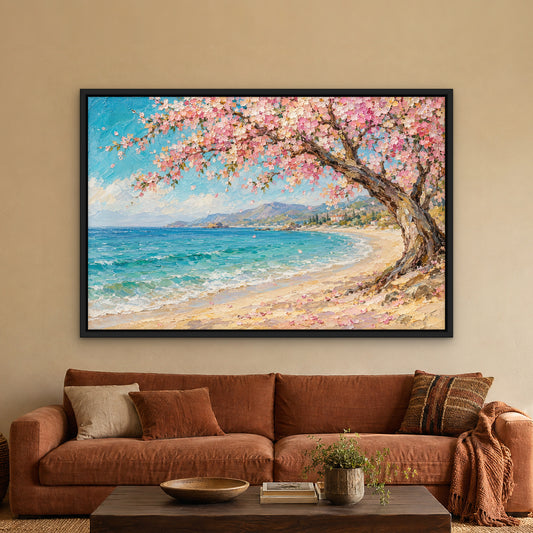 Pink Blossom Bay, teal floral hand-painted canvas wall art in a living room – Gallery 23