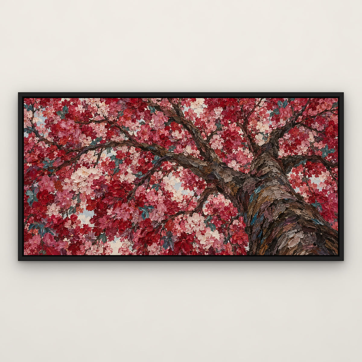 Ruby Blossom Tree, pink floral hand-painted canvas wall art in a slim black float frame – Gallery 23