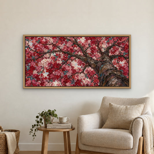 Ruby Blossom Tree, pink floral hand-painted canvas wall art in a reading corner – Gallery 23