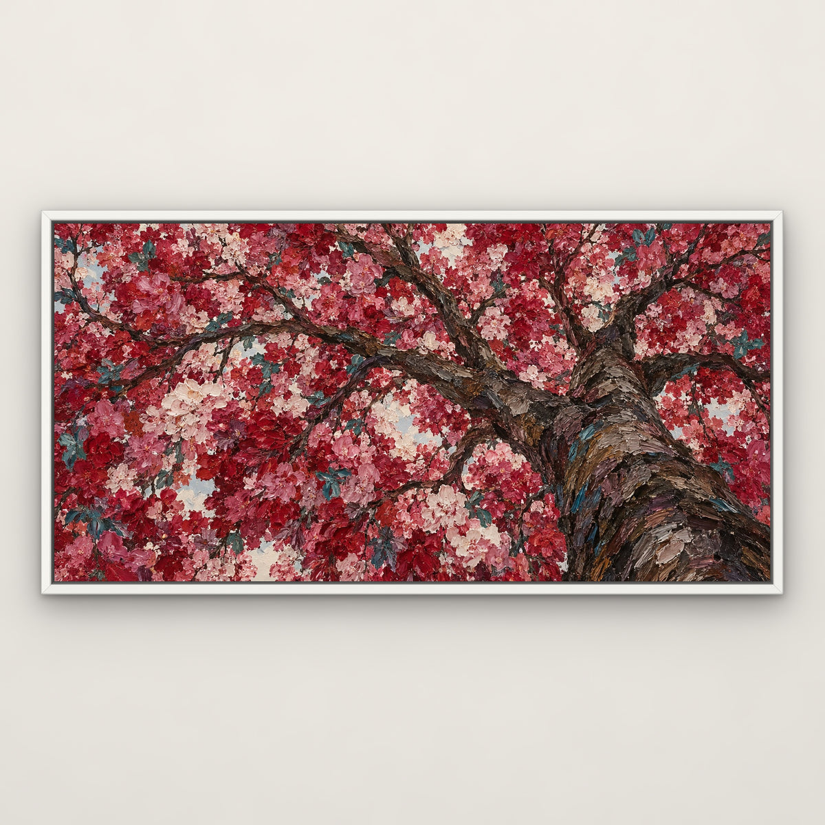 Ruby Blossom Tree, pink floral hand-painted canvas wall art in a slim white float frame – Gallery 23
