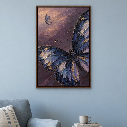 Indigo Butterflies, blue animal hand-painted canvas wall art in a reading corner – Gallery 23