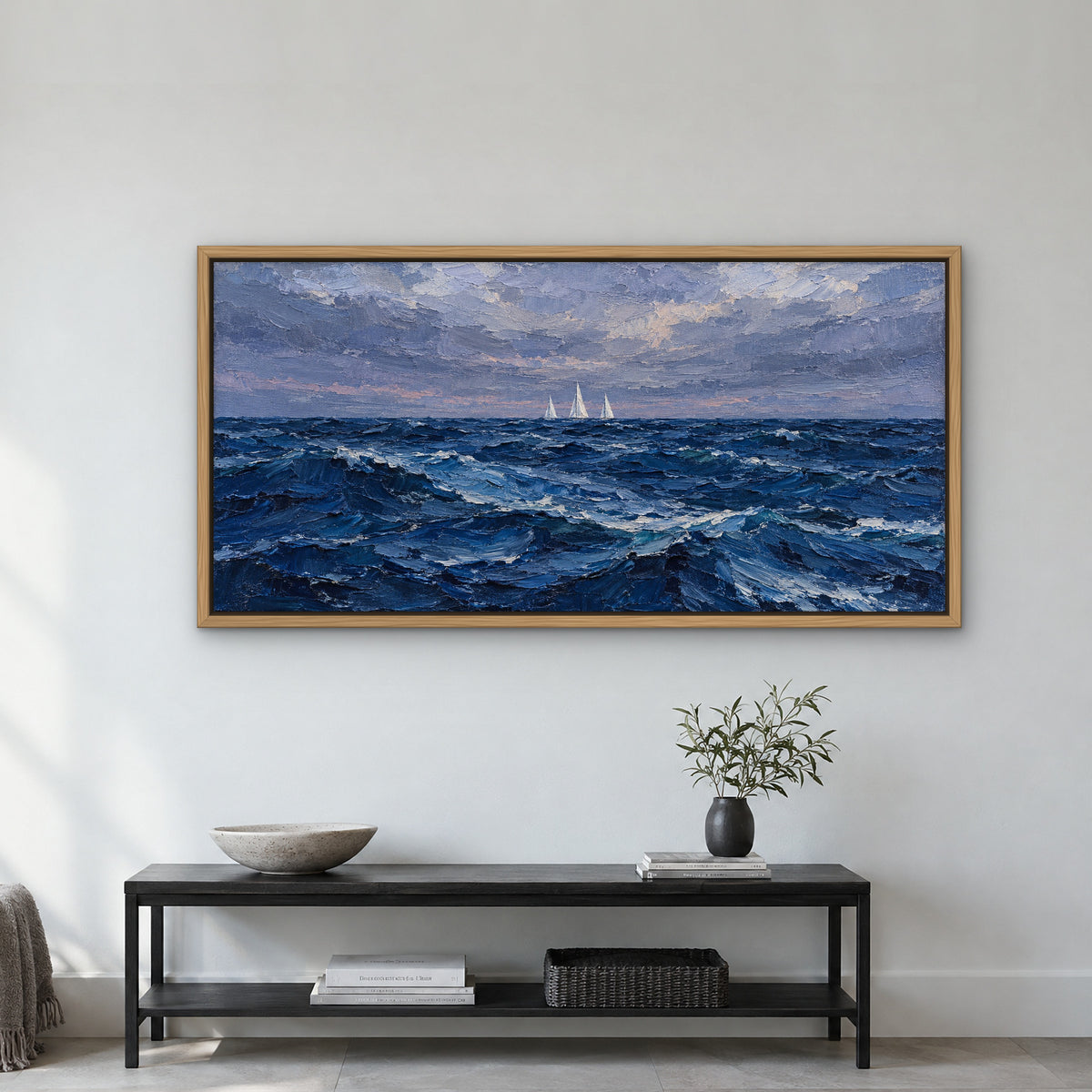 Three White Sails, blue seascape hand-painted canvas wall art in a hallway – Gallery 23