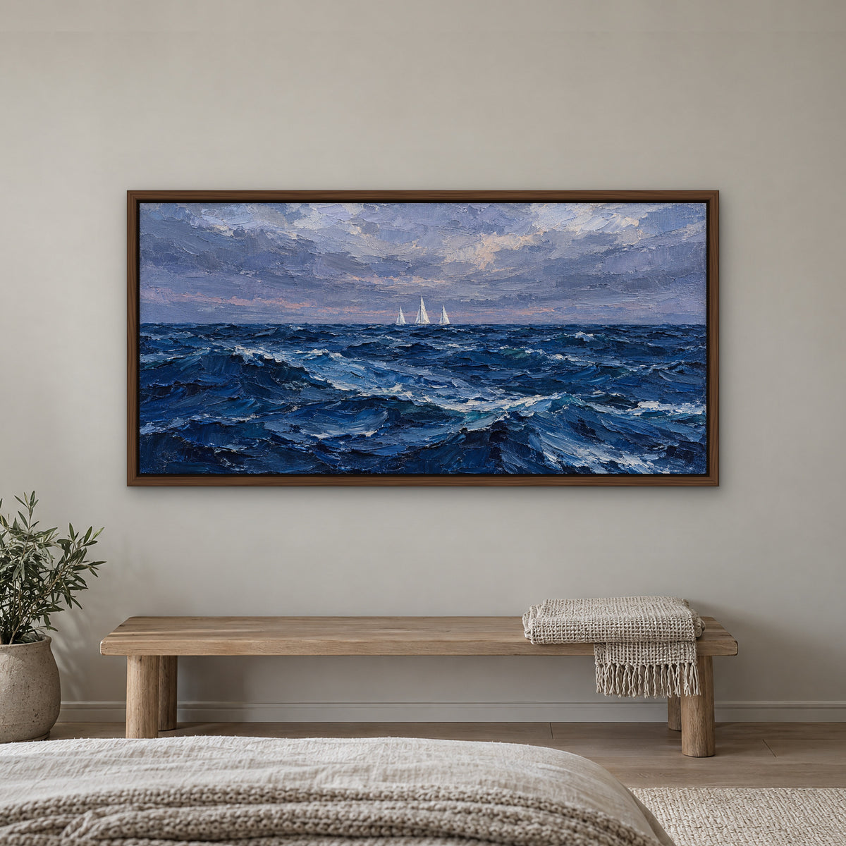 Three White Sails, blue seascape hand-painted canvas wall art in a bedroom – Gallery 23