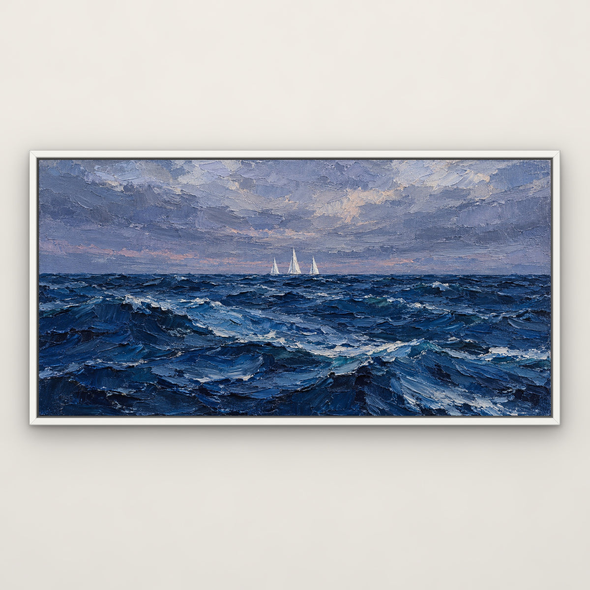 Three White Sails, blue seascape hand-painted canvas wall art in a slim white float frame – Gallery 23
