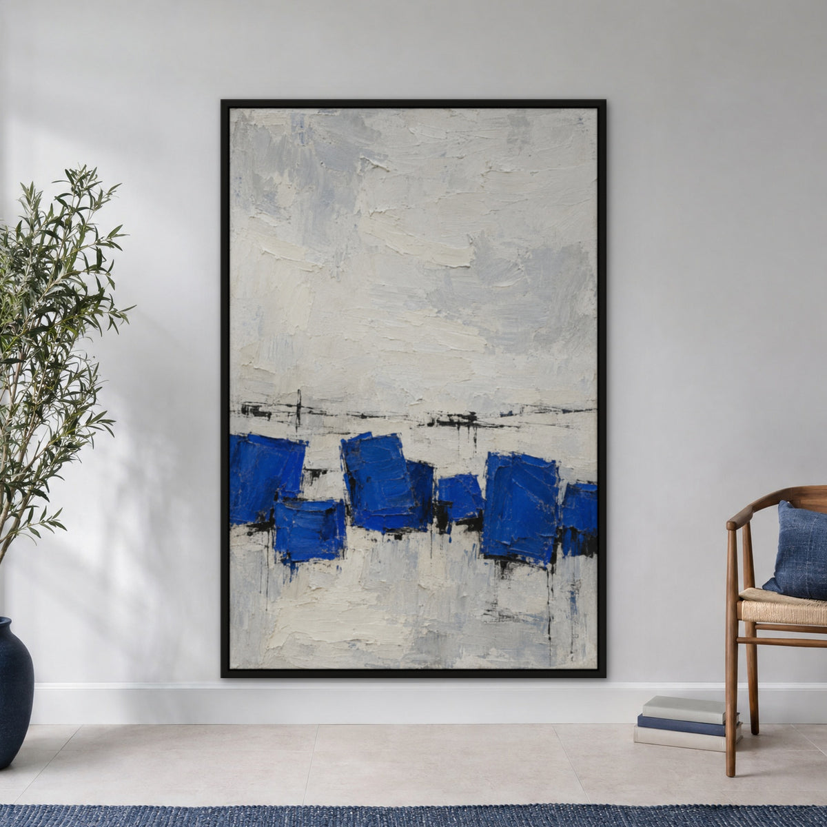 Cobalt Blocks, blue abstract hand-painted canvas wall art in a hallway – Gallery 23