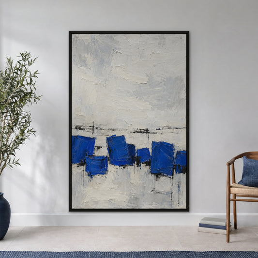Cobalt Blocks, blue abstract hand-painted canvas wall art in a hallway – Gallery 23