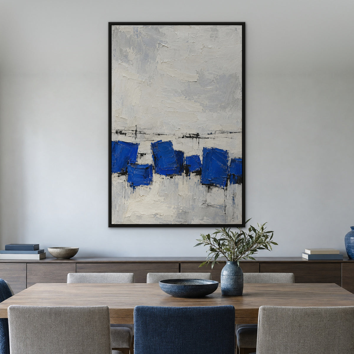 Cobalt Blocks, blue abstract hand-painted canvas wall art in a dining room – Gallery 23