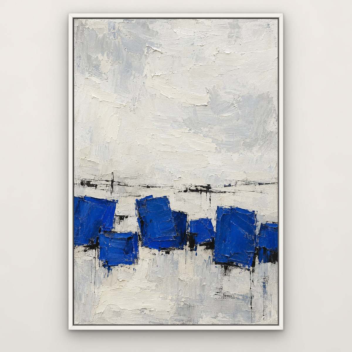 Cobalt Blocks, blue abstract hand-painted canvas wall art in a slim white float frame – Gallery 23