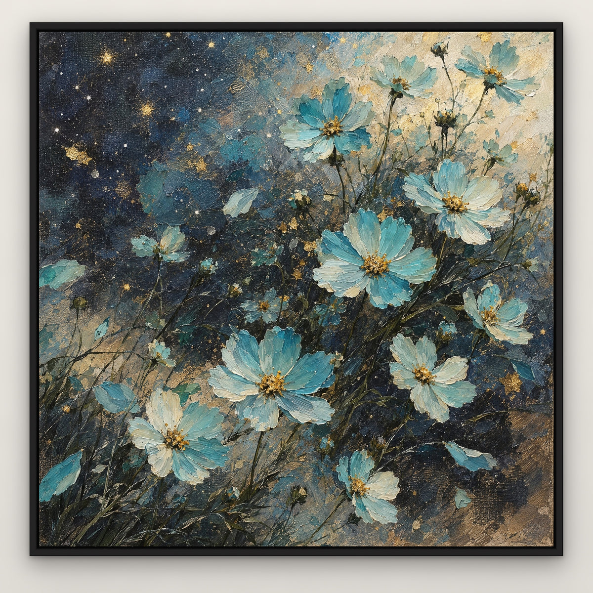 Aqua Cosmos, blue floral hand-painted canvas wall art in a slim black float frame – Gallery 23