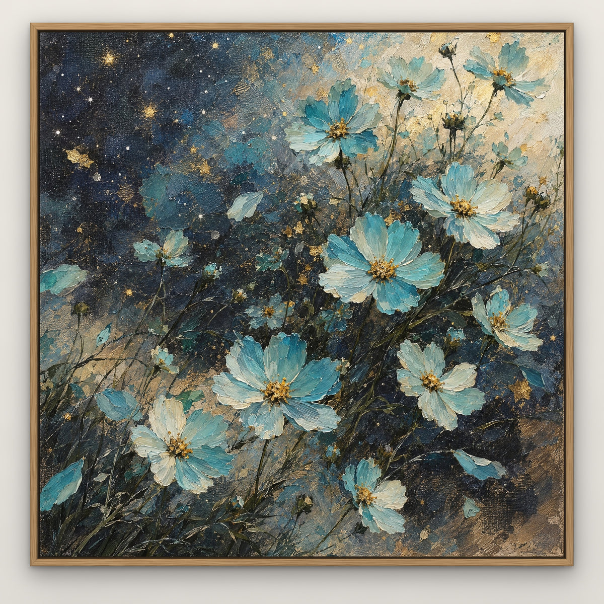 Aqua Cosmos, blue floral hand-painted canvas wall art in a slim oak float frame – Gallery 23