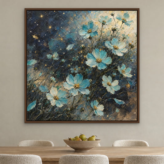 Aqua Cosmos, blue floral hand-painted canvas wall art in a dining room – Gallery 23