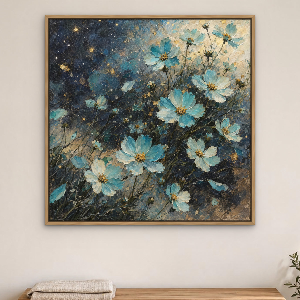 Aqua Cosmos, blue floral hand-painted canvas wall art in a bedroom – Gallery 23