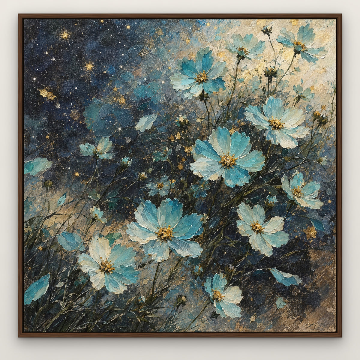 Aqua Cosmos, blue floral hand-painted canvas wall art in a slim walnut float frame – Gallery 23