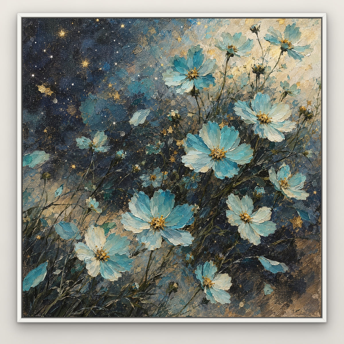 Aqua Cosmos, blue floral hand-painted canvas wall art in a slim white float frame – Gallery 23
