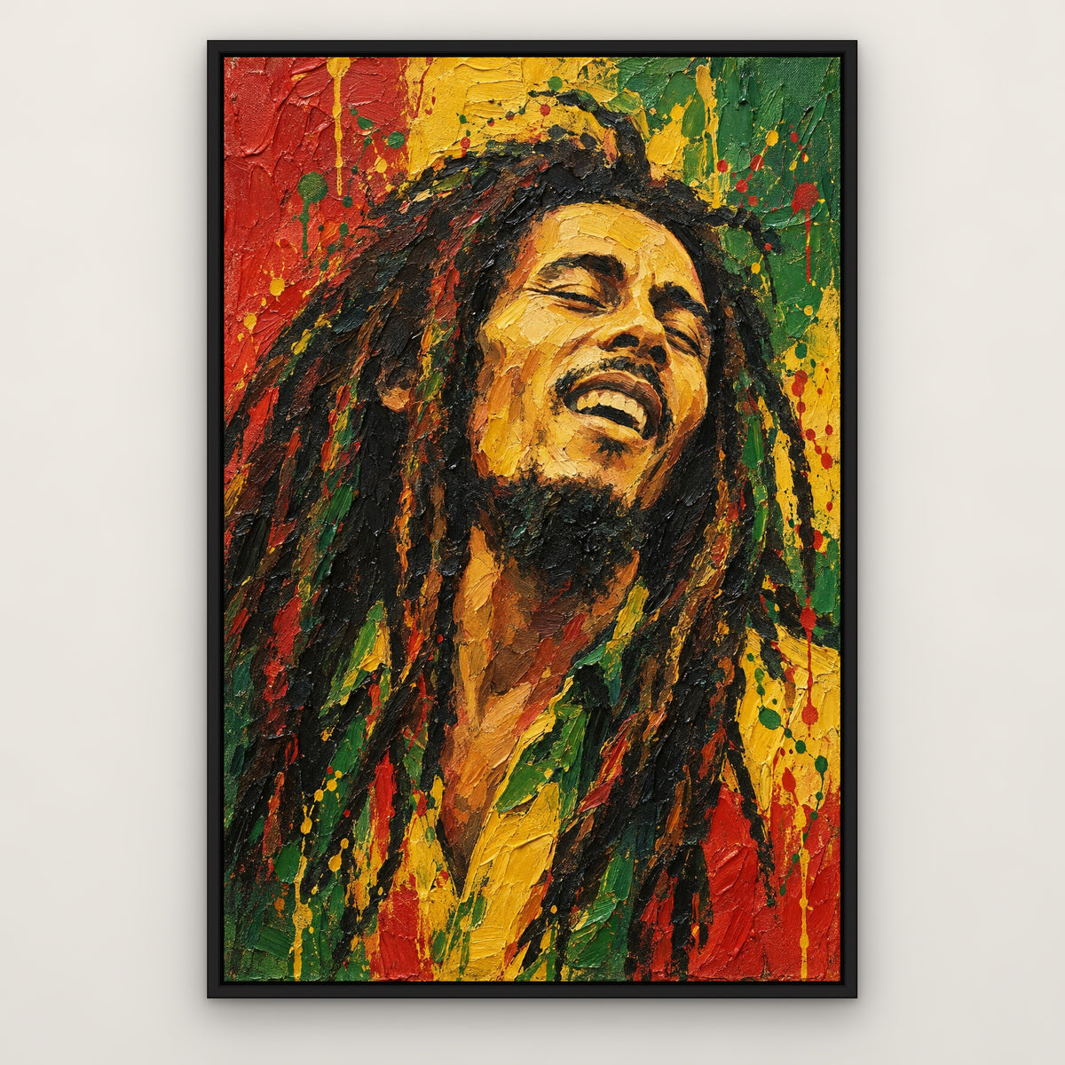 Bob Marley, green pop art hand-painted canvas wall art in a slim black float frame – Gallery 23