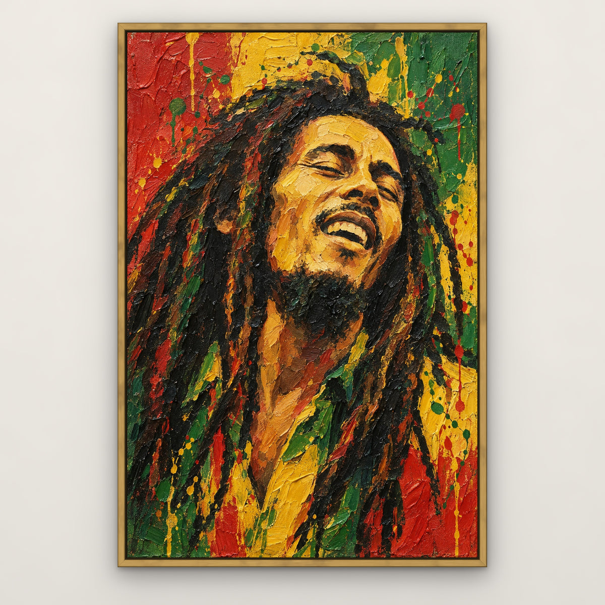 Bob Marley, green pop art hand-painted canvas wall art in a slim antique gold float frame – Gallery 23